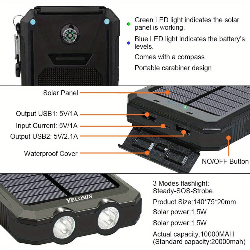 10000mAh USB Portable Charger Solar Power Bank For Cell Phone