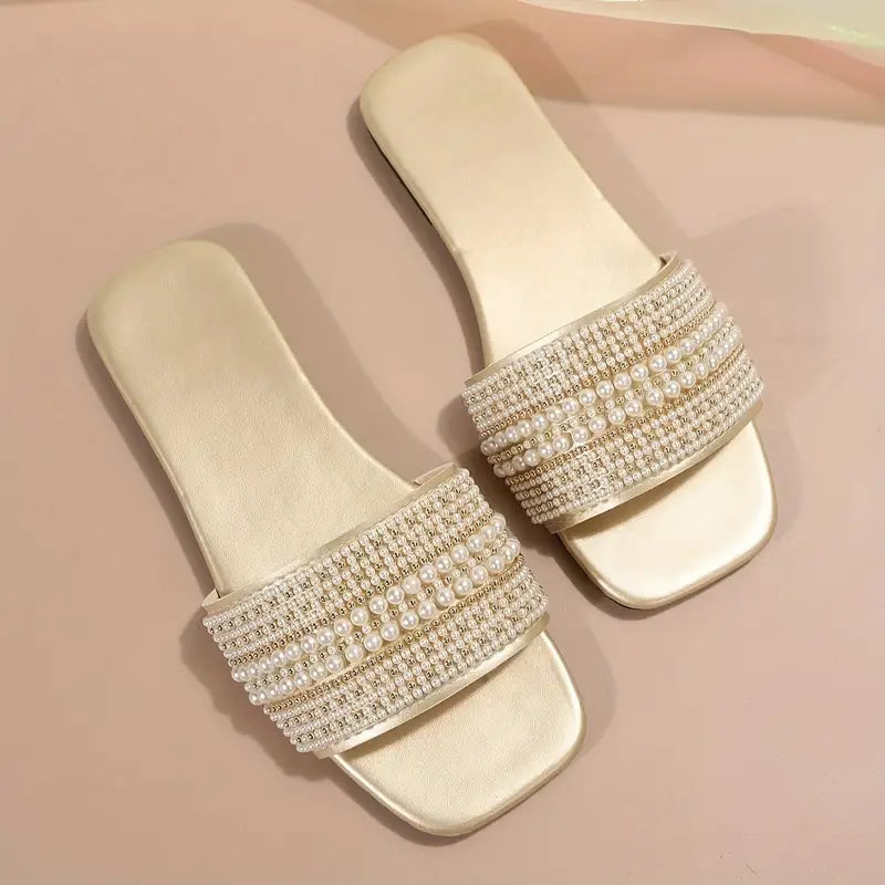 Women's Non-slip Slippers Light Luxury Flat Slippers Faux Pearl Sandals Casual Outdoor Slippers