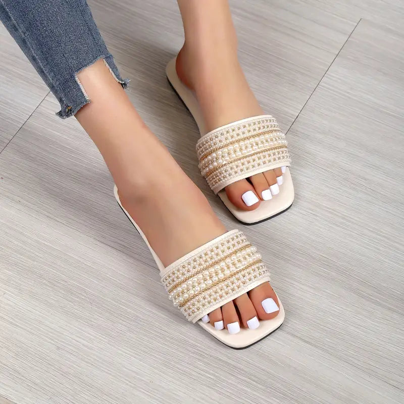 Women's Non-slip Slippers Light Luxury Flat Slippers Faux Pearl Sandals Casual Outdoor Slippers