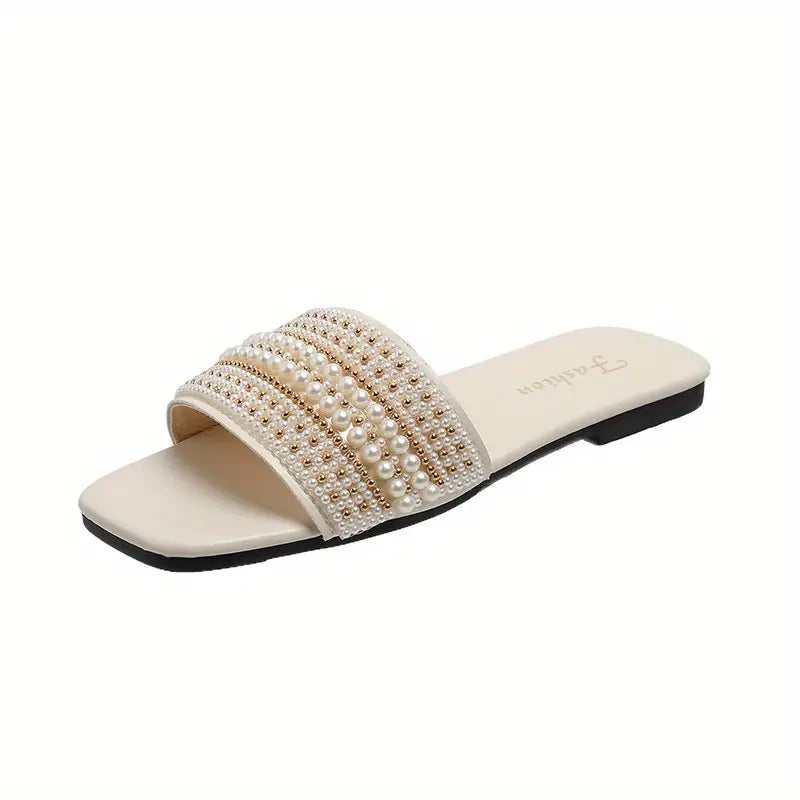 Women's Non-slip Slippers Light Luxury Flat Slippers Faux Pearl Sandals Casual Outdoor Slippers