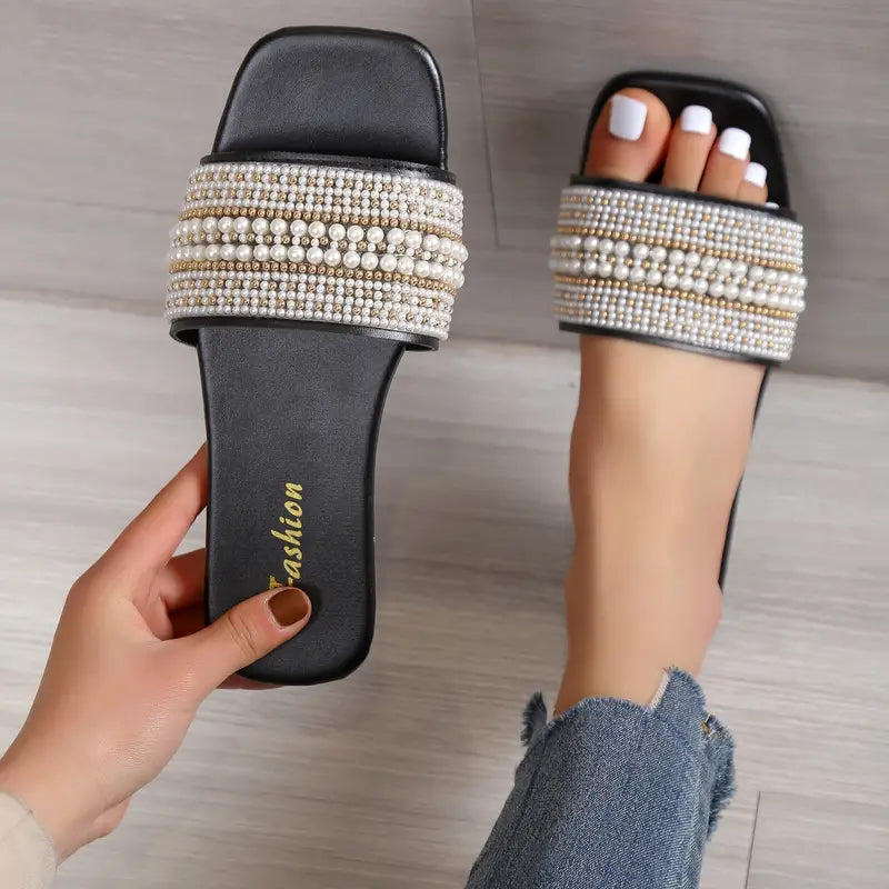 Women's Non-slip Slippers Light Luxury Flat Slippers Faux Pearl Sandals Casual Outdoor Slippers