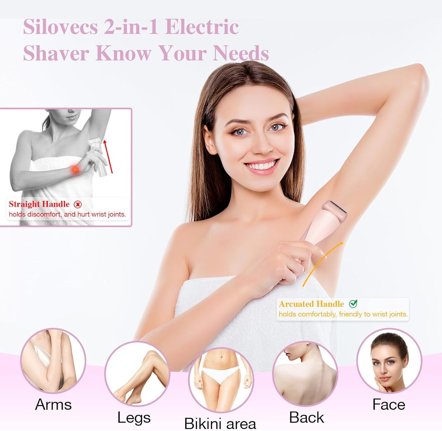 Electric Shaver for Women, Rechargeable 2-in-1 Shaver Cordless Hair Removal for Women with Removable Head, IPX7 Waterproofing, Wet/dry Use