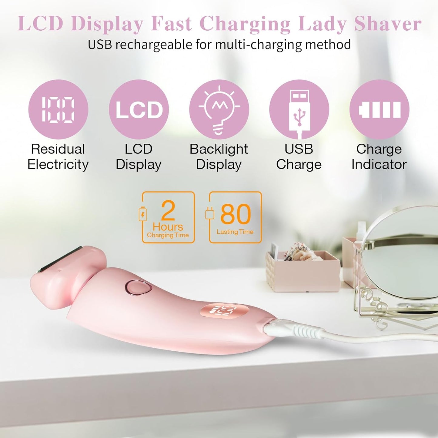 Electric Shaver for Women, Rechargeable 2-in-1 Shaver Cordless Hair Removal for Women with Removable Head, IPX7 Waterproofing, Wet/dry Use