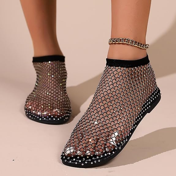 2024 New Summer Sandals Women's Fishnet Flat Boots Rhinestone Single sandal Beach Party Prom Shoes