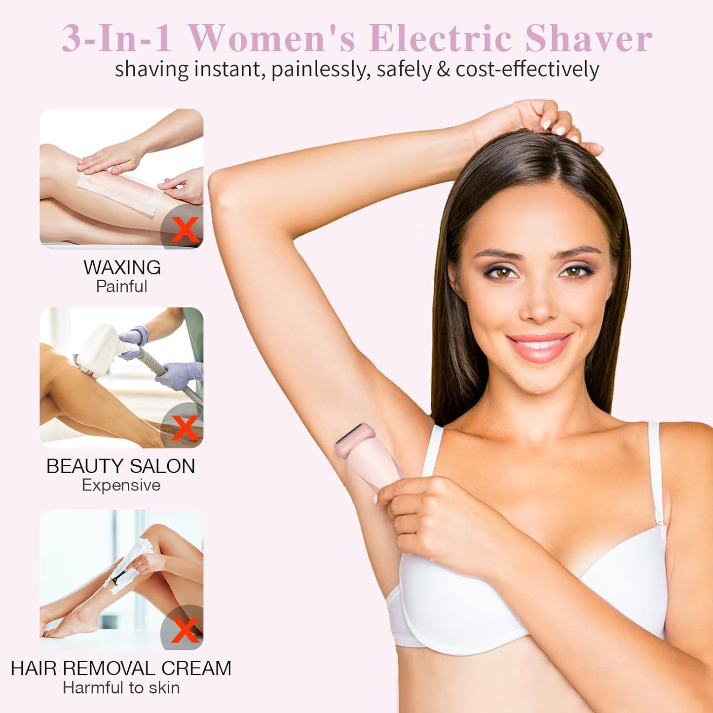 Electric Shaver for Women, Rechargeable 2-in-1 Shaver Cordless Hair Removal for Women with Removable Head, IPX7 Waterproofing, Wet/dry Use