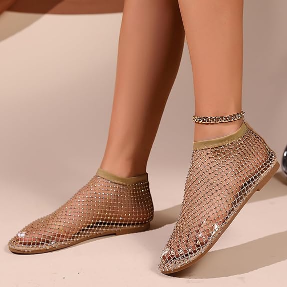 2024 New Summer Sandals Women's Fishnet Flat Boots Rhinestone Single sandal Beach Party Prom Shoes