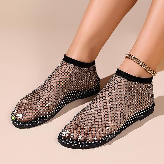 2024 New Summer Sandals Women's Fishnet Flat Boots Rhinestone Single sandal Beach Party Prom Shoes