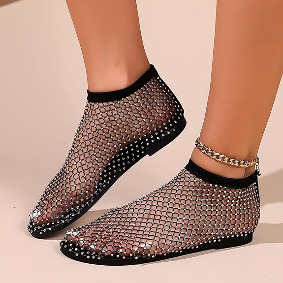 2024 New Summer Sandals Women's Fishnet Flat Boots Rhinestone Single sandal Beach Party Prom Shoes