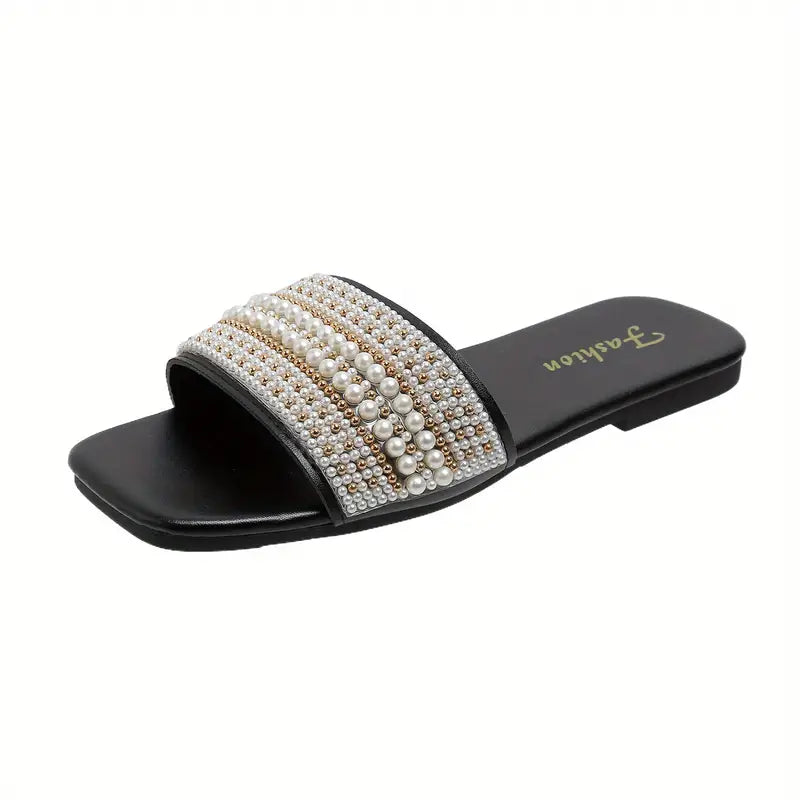 Women's Non-slip Slippers Light Luxury Flat Slippers Faux Pearl Sandals Casual Outdoor Slippers