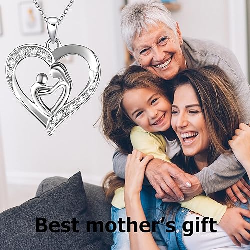 925 Sterling Silver Mother and Child Love Heart Pendant Necklace Mom Daughter Jewelry Gifts for Women