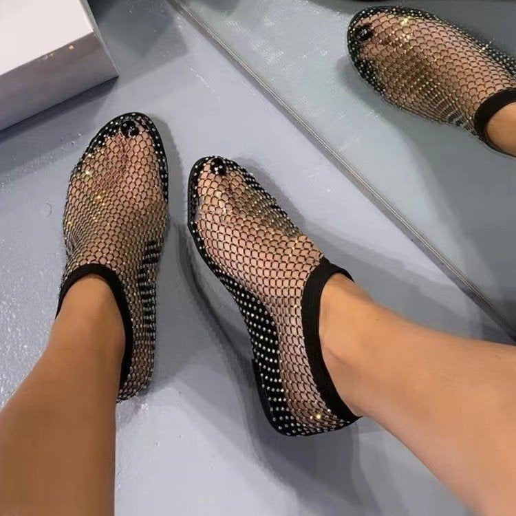 2024 New Summer Sandals Women's Fishnet Flat Boots Rhinestone Single sandal Beach Party Prom Shoes