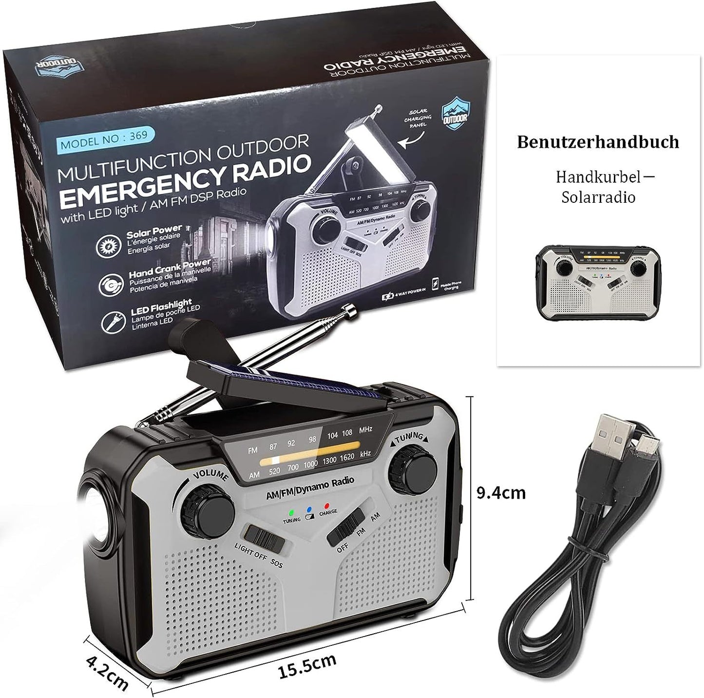 Emergency Radio AM/FM Portable Radio Solor Hand Crank USB AA Batteries Rechargeable Torch Reading Lamp SOS Alarm for Emergencies