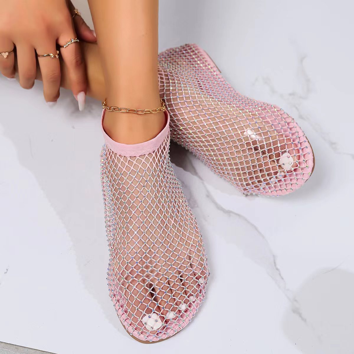 2024 New Summer Sandals Women's Fishnet Flat Boots Rhinestone Single sandal Beach Party Prom Shoes