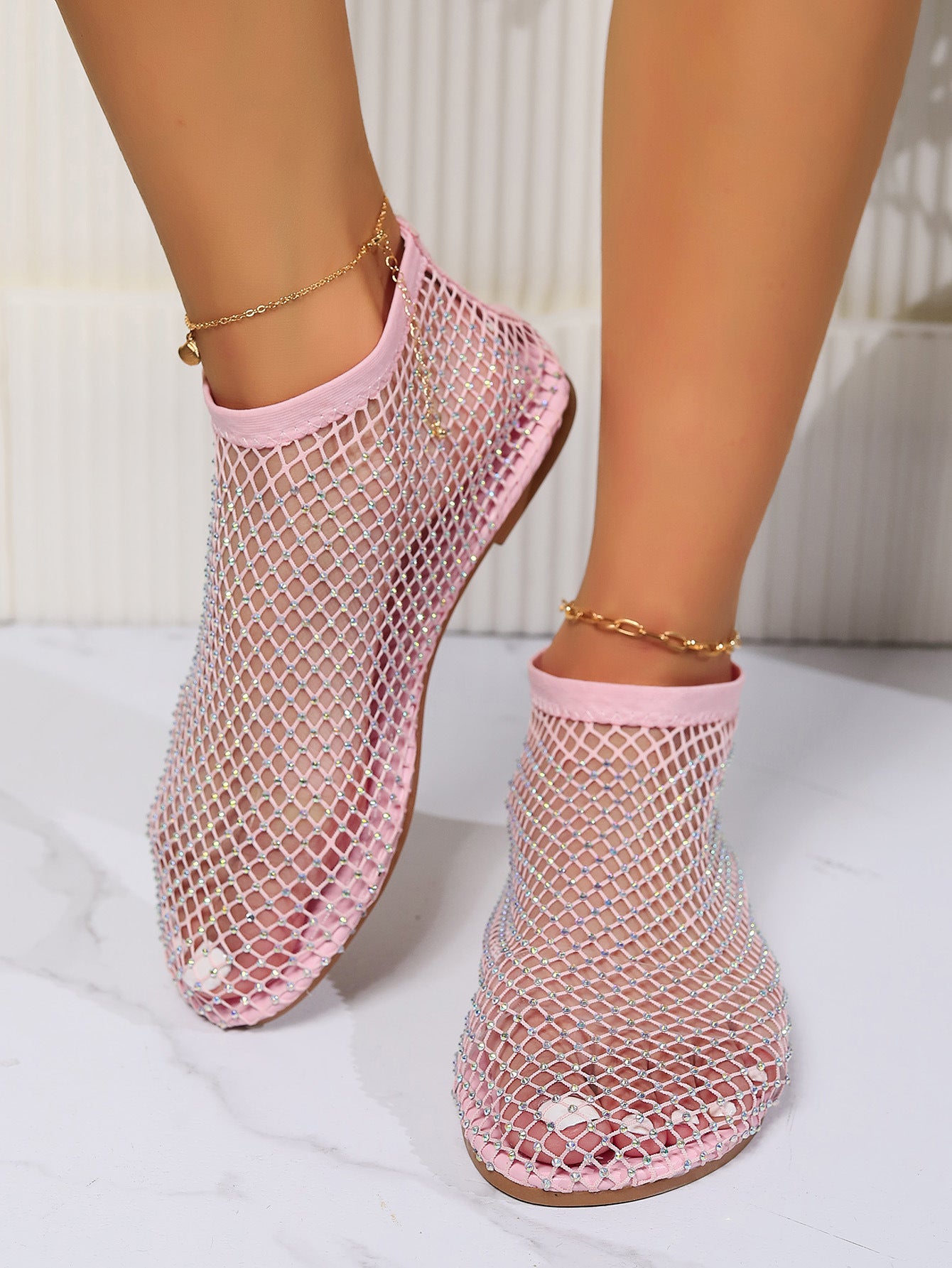 2024 New Summer Sandals Women's Fishnet Flat Boots Rhinestone Single sandal Beach Party Prom Shoes