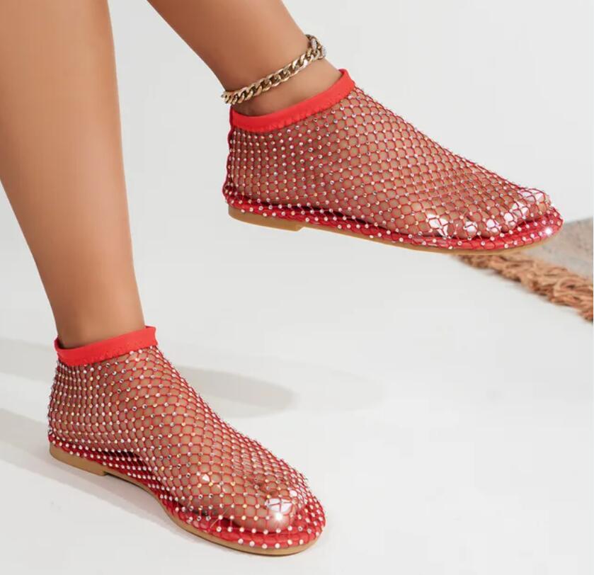 2024 New Summer Sandals Women's Fishnet Flat Boots Rhinestone Single sandal Beach Party Prom Shoes