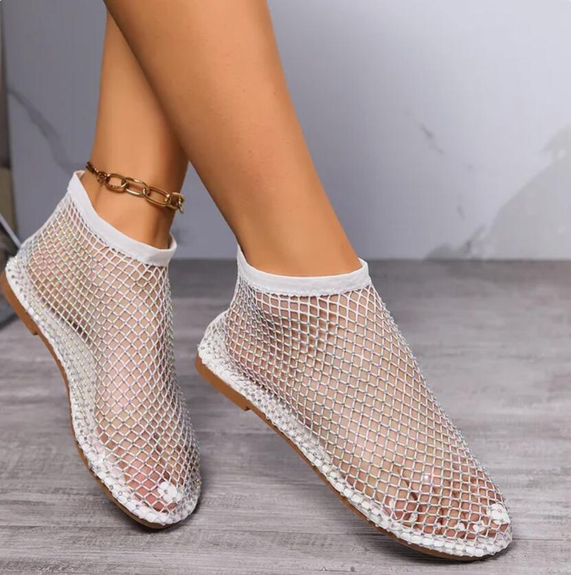 2024 New Summer Sandals Women's Fishnet Flat Boots Rhinestone Single sandal Beach Party Prom Shoes