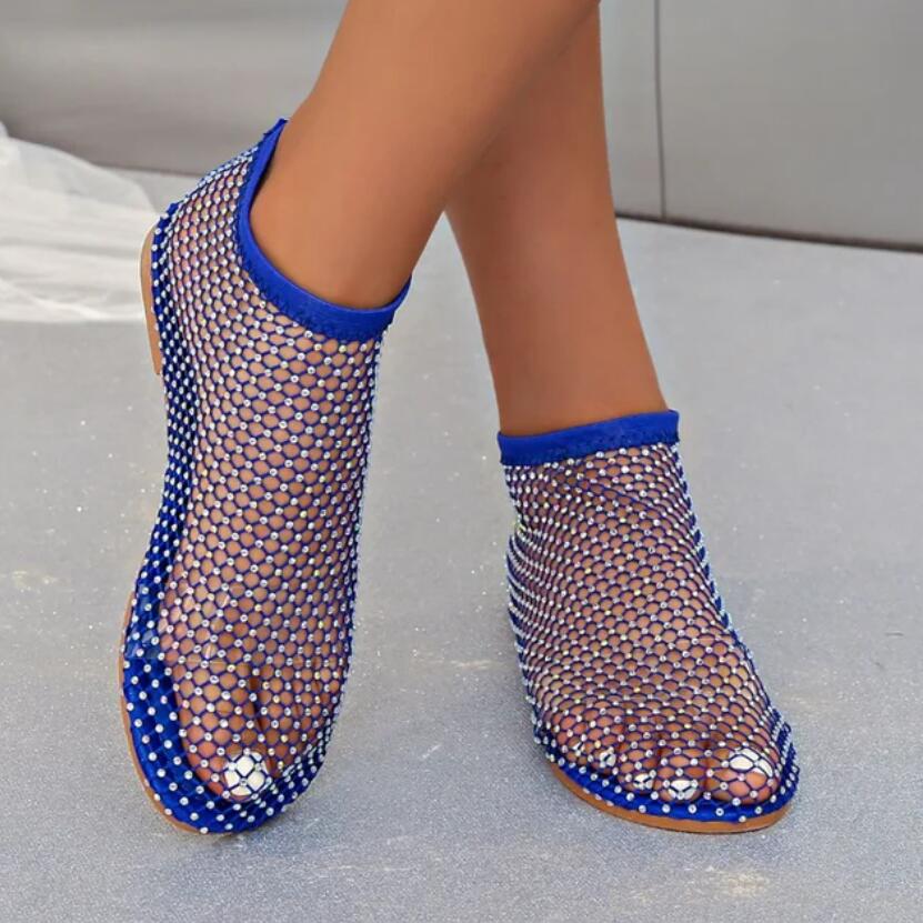 2024 New Summer Sandals Women's Fishnet Flat Boots Rhinestone Single sandal Beach Party Prom Shoes