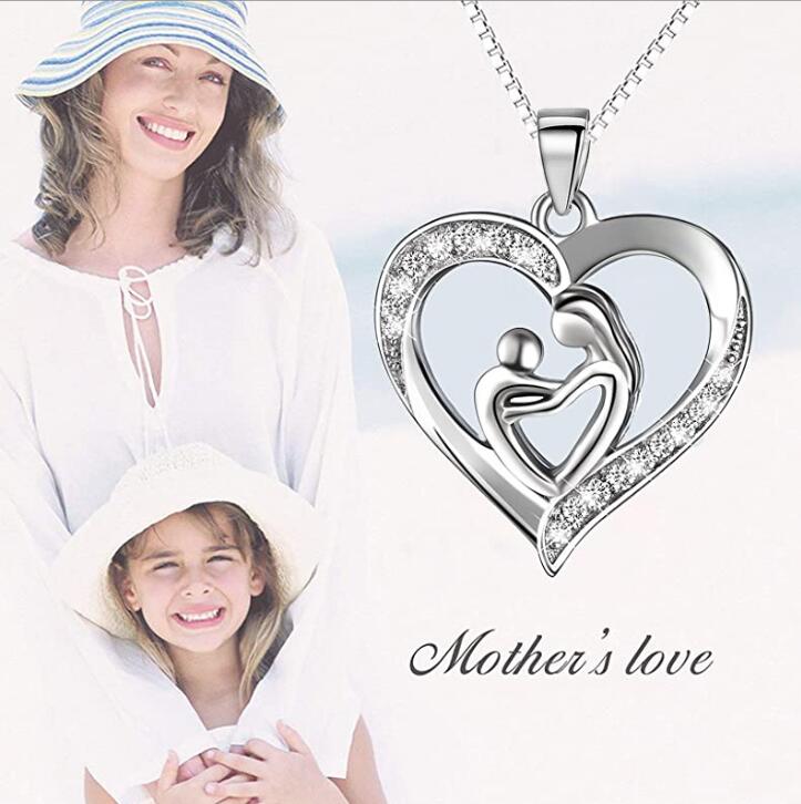 925 Sterling Silver Mother and Child Love Heart Pendant Necklace Mom Daughter Jewelry Gifts for Women