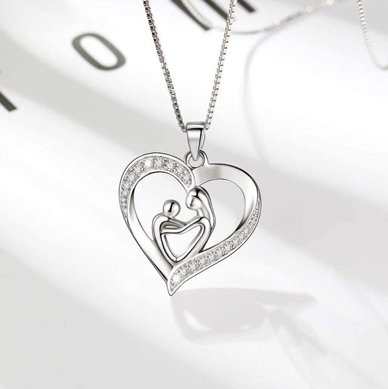 925 Sterling Silver Mother and Child Love Heart Pendant Necklace Mom Daughter Jewelry Gifts for Women