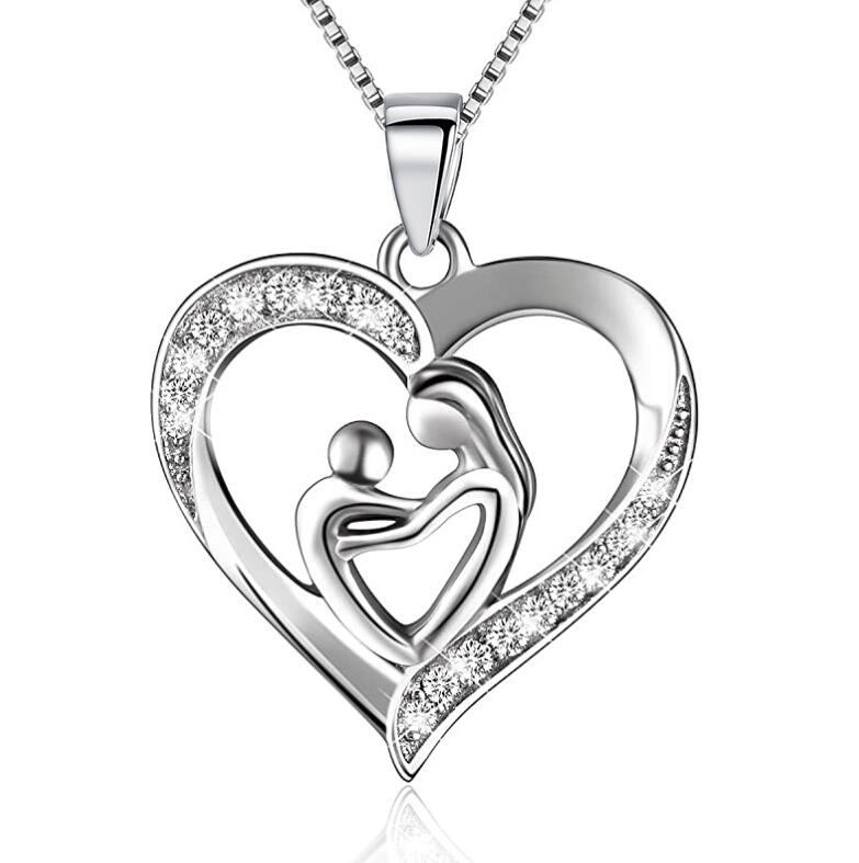 925 Sterling Silver Mother and Child Love Heart Pendant Necklace Mom Daughter Jewelry Gifts for Women