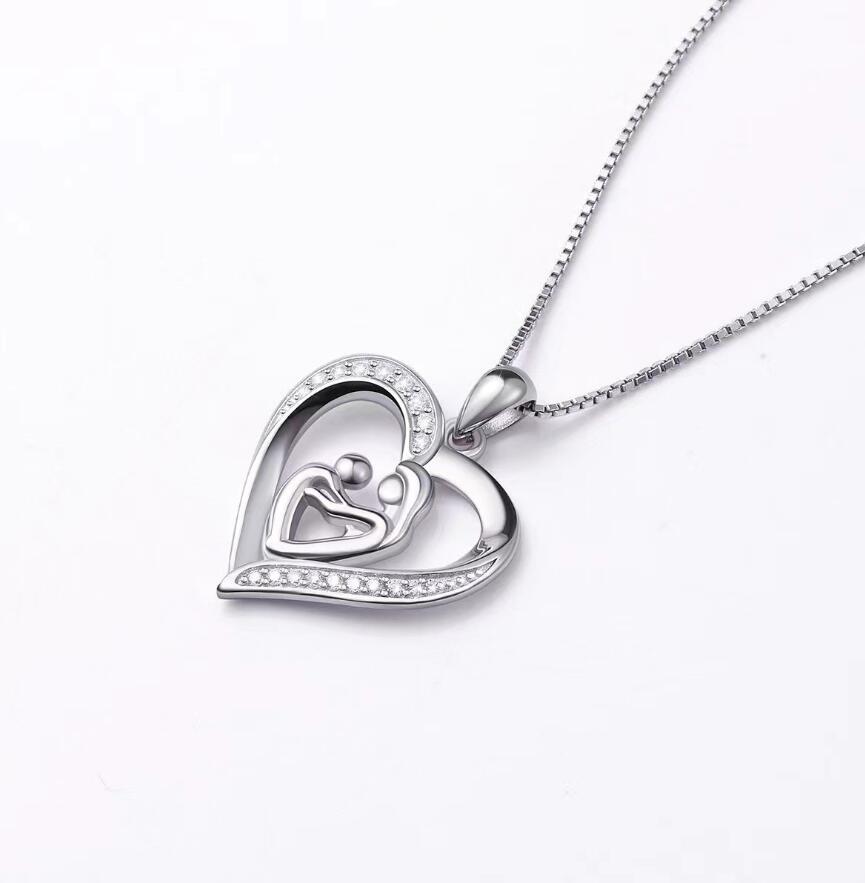 925 Sterling Silver Mother and Child Love Heart Pendant Necklace Mom Daughter Jewelry Gifts for Women