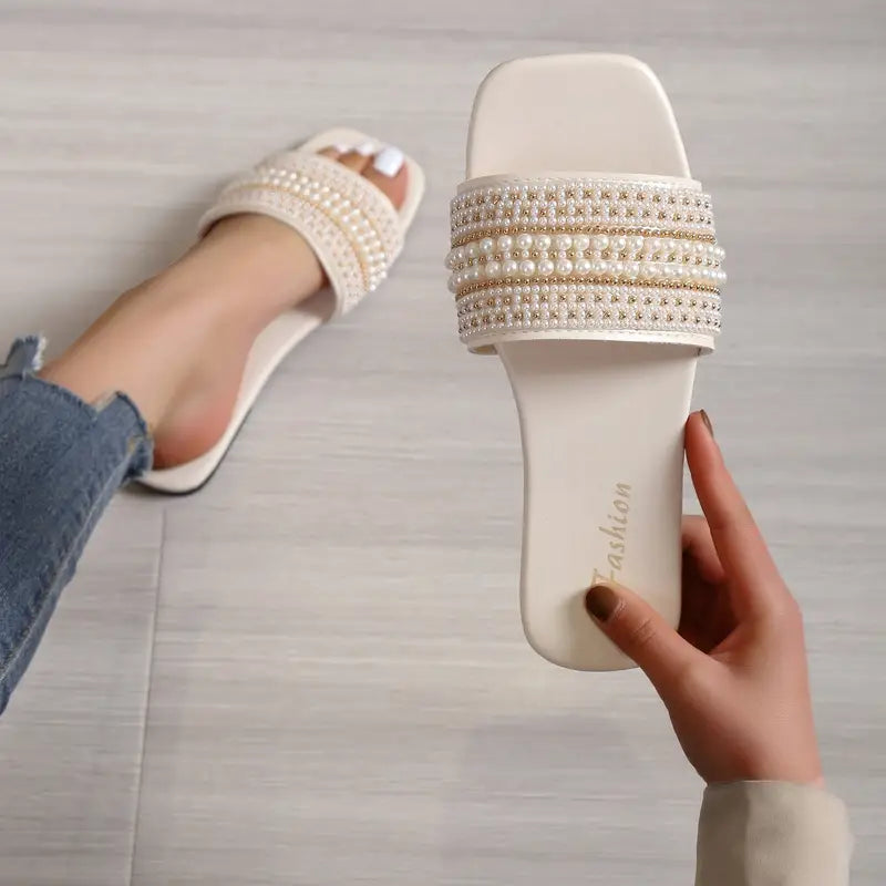 Women's Non-slip Slippers Light Luxury Flat Slippers Faux Pearl Sandals Casual Outdoor Slippers