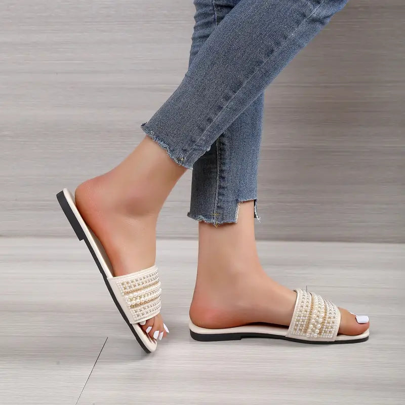 Women's Non-slip Slippers Light Luxury Flat Slippers Faux Pearl Sandals Casual Outdoor Slippers