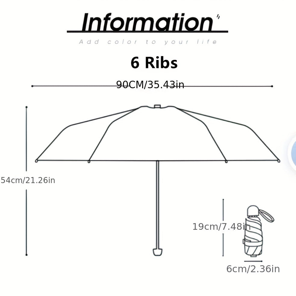 Portable Sun Umbrella Compact 6 Rib Mini Umbrella - Weather Resistant Polyester Umbrella Foldable